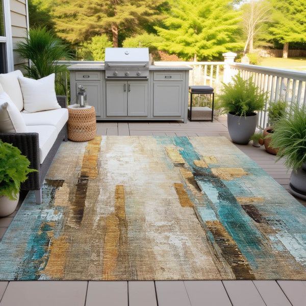 HomeRoots 5' X 8' Beige and Teal Abstract Area Rug - Durable, Washable, Versatile for Indoor & Outdoor Spaces! 629324