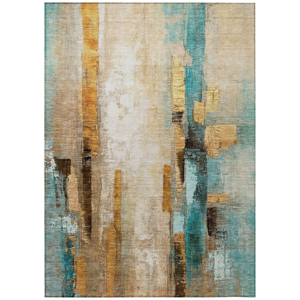 HomeRoots 5' X 8' Beige and Teal Abstract Area Rug - Durable, Washable, Versatile for Indoor & Outdoor Spaces! 629324