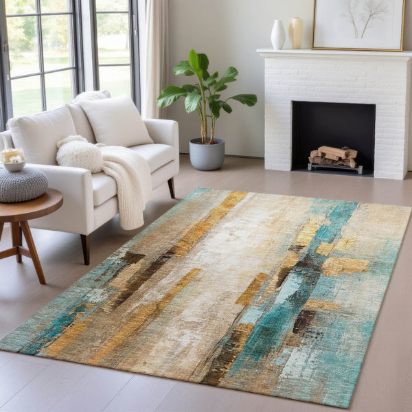HomeRoots 5' X 8' Beige and Teal Abstract Area Rug - Durable, Washable, Versatile for Indoor & Outdoor Spaces! 629324