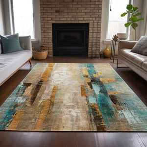 HomeRoots 5' X 8' Beige and Teal Abstract Area Rug - Durable, Washable, Versatile for Indoor & Outdoor Spaces! 629324