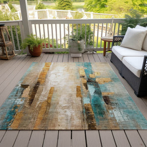 HomeRoots 5' X 8' Beige and Teal Abstract Area Rug - Durable, Washable, Versatile for Indoor & Outdoor Spaces! 629324