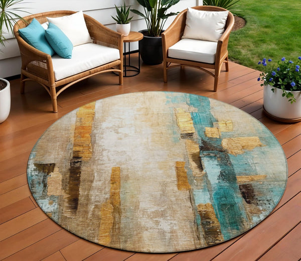 HomeRoots 8' Abstract Beige and Teal Round Washable Area Rug - Durable, Stylish Design for Indoor & Outdoor Use 629325