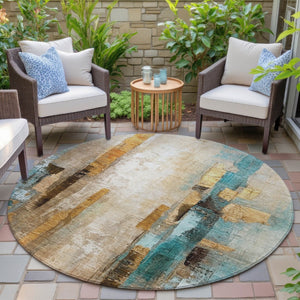 HomeRoots 8' Abstract Beige and Teal Round Washable Area Rug - Durable, Stylish Design for Indoor & Outdoor Use 629325