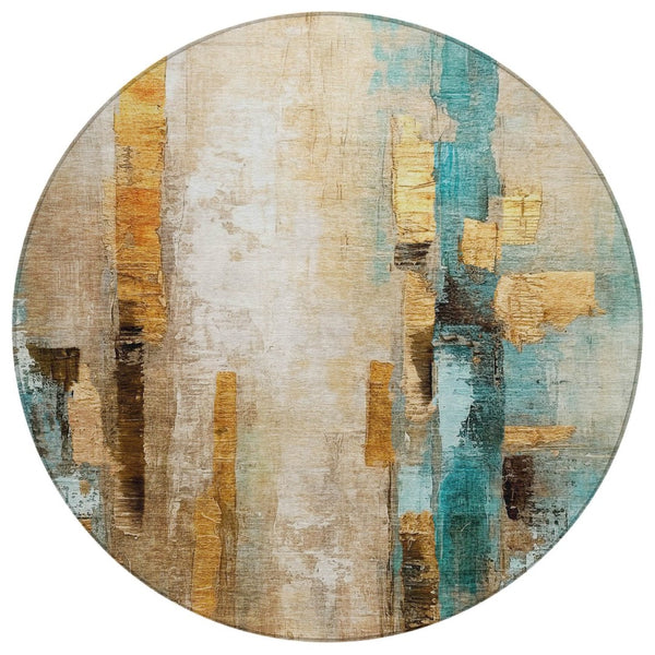HomeRoots 8' Abstract Beige and Teal Round Washable Area Rug - Durable, Stylish Design for Indoor & Outdoor Use 629325