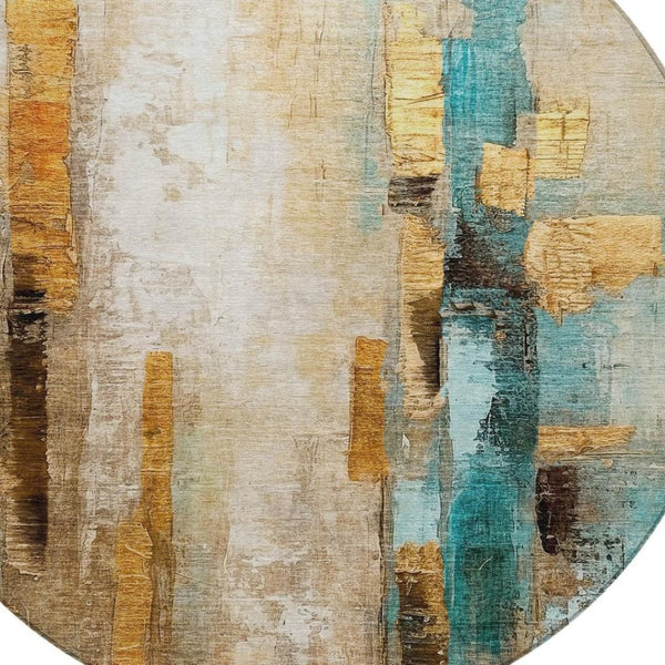 HomeRoots 8' Abstract Beige and Teal Round Washable Area Rug - Durable, Stylish Design for Indoor & Outdoor Use 629325