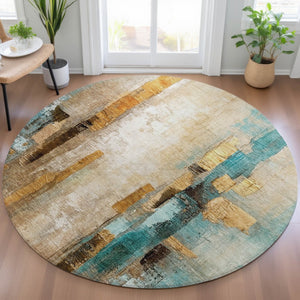 HomeRoots 8' Abstract Beige and Teal Round Washable Area Rug - Durable, Stylish Design for Indoor & Outdoor Use 629325