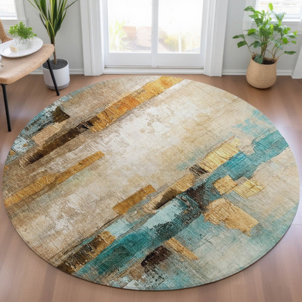 HomeRoots 8' Abstract Beige and Teal Round Washable Area Rug - Durable, Stylish Design for Indoor & Outdoor Use 629325