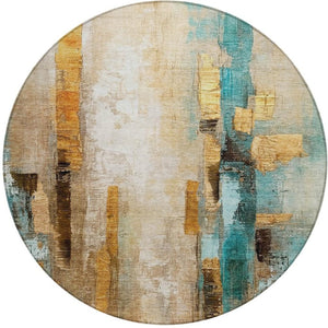 HomeRoots 8' Abstract Beige and Teal Round Washable Area Rug - Durable, Stylish Design for Indoor & Outdoor Use 629325