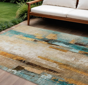 HomeRoots 9' X 12' Washable Beige and Teal Abstract Area Rug - Stylish Indoor/Outdoor Essential for Any Space 629327