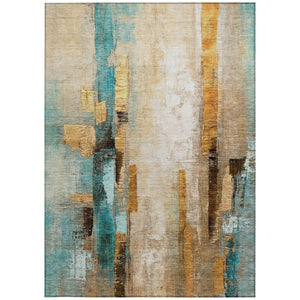 HomeRoots 10' Beige and Teal Abstract Area Rug - Washable, Indoor/Outdoor, Durable, Stylish for High-Traffic Spaces 629328