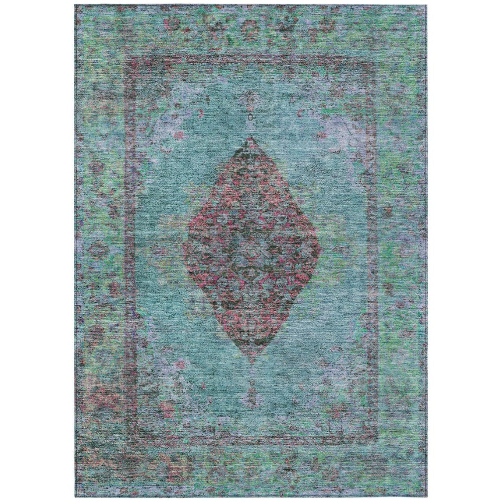 HomeRoots 5' Aqua & Mauve Medallion Rug - Washable, Durable Indoor/Outdoor Area Rug for Coastal Charm 629336