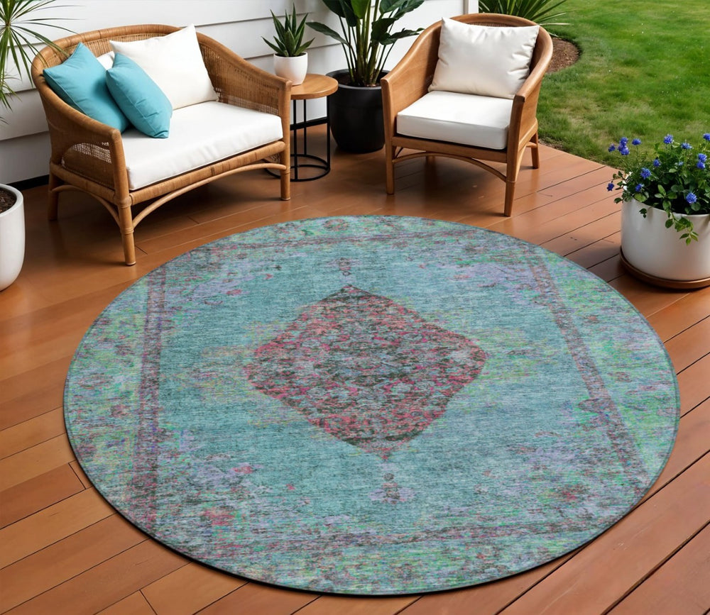 HomeRoots 8' Aqua and Mauve Round Medallion Rug – Durable, Washable Design for Indoor/Outdoor Spaces & High Traffic 629337