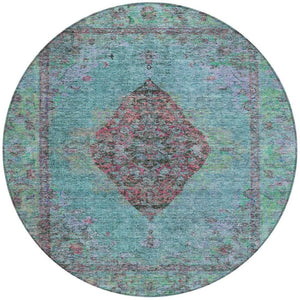 HomeRoots 8' Aqua and Mauve Round Medallion Rug – Durable, Washable Design for Indoor/Outdoor Spaces & High Traffic 629337
