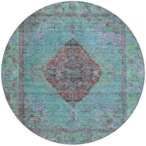 HomeRoots 8' Aqua and Mauve Round Medallion Rug – Durable, Washable Design for Indoor/Outdoor Spaces & High Traffic 629337