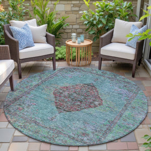 HomeRoots 8' Aqua and Mauve Round Medallion Rug – Durable, Washable Design for Indoor/Outdoor Spaces & High Traffic 629337