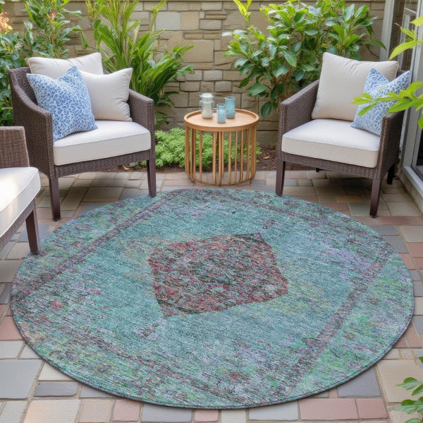 HomeRoots 8' Aqua and Mauve Round Medallion Rug – Durable, Washable Design for Indoor/Outdoor Spaces & High Traffic 629337