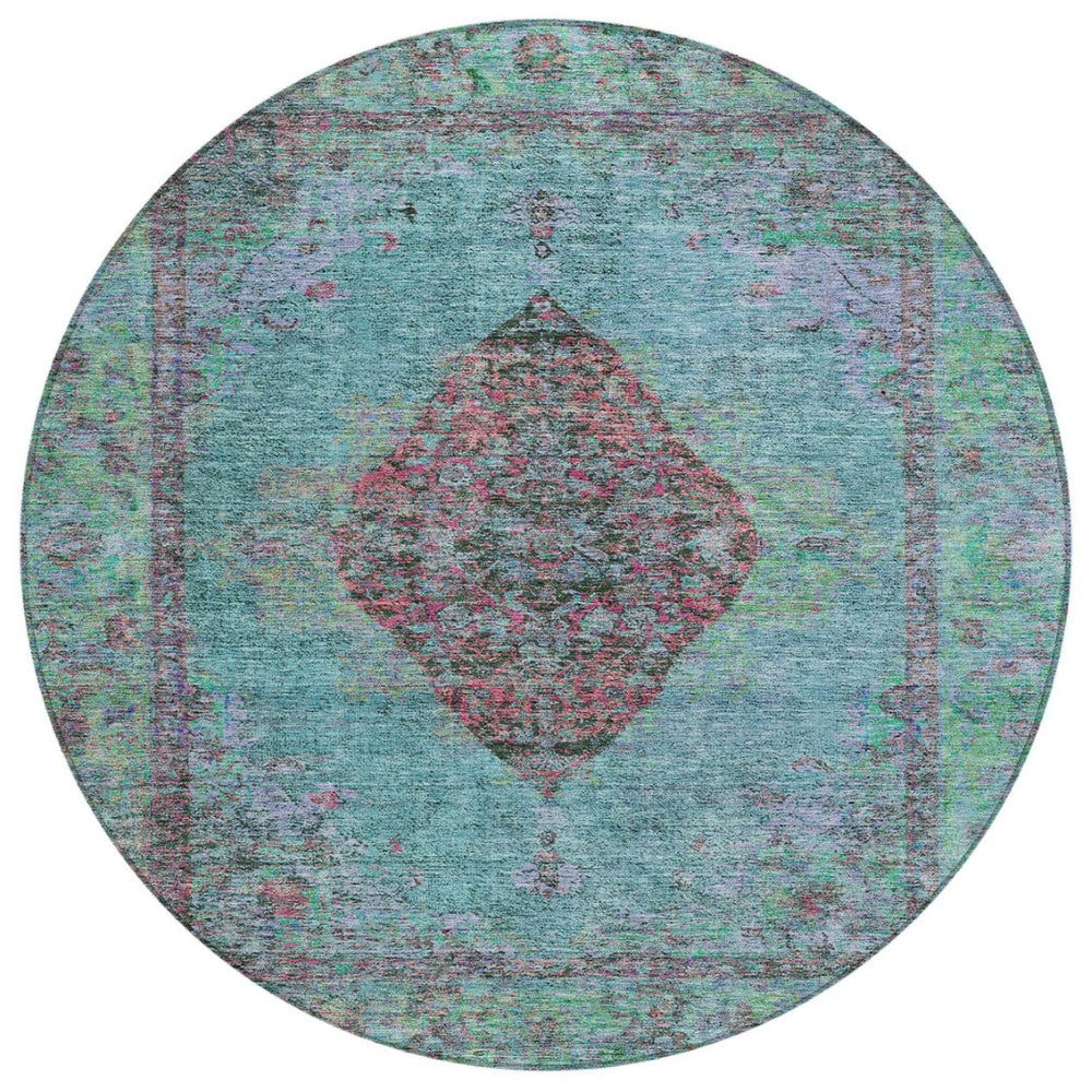 HomeRoots 8' Aqua and Mauve Round Medallion Rug – Durable, Washable Design for Indoor/Outdoor Spaces & High Traffic 629337