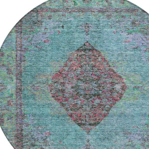 HomeRoots 8' Aqua and Mauve Round Medallion Rug – Durable, Washable Design for Indoor/Outdoor Spaces & High Traffic 629337