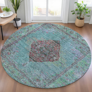 HomeRoots 8' Aqua and Mauve Round Medallion Rug – Durable, Washable Design for Indoor/Outdoor Spaces & High Traffic 629337