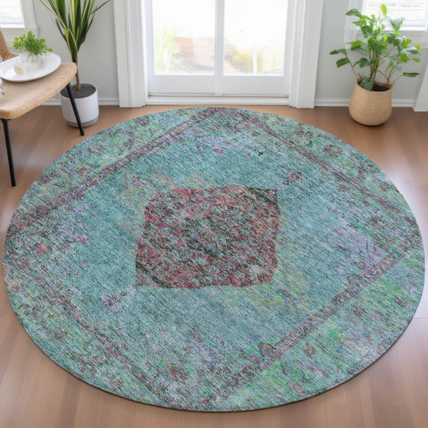 HomeRoots 8' Aqua and Mauve Round Medallion Rug – Durable, Washable Design for Indoor/Outdoor Spaces & High Traffic 629337