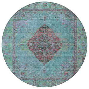 HomeRoots 8' Aqua and Mauve Round Medallion Rug – Durable, Washable Design for Indoor/Outdoor Spaces & High Traffic 629337