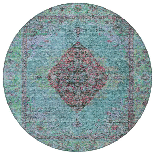 HomeRoots 8' Aqua and Mauve Round Medallion Rug – Durable, Washable Design for Indoor/Outdoor Spaces & High Traffic 629337