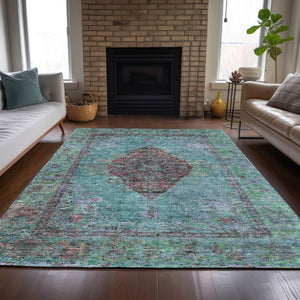 HomeRoots 8' X 10' Washable Aqua and Mauve Medallion Area Rug for Indoor & Outdoor Spaces | Durable & Stylish 629338
