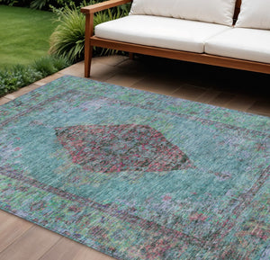HomeRoots 9' X 12' Aqua Medallion Area Rug - Durable, Washable, Indoor/Outdoor Design for High-Traffic Spaces 629339