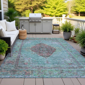 HomeRoots 9' X 12' Aqua Medallion Area Rug - Durable, Washable, Indoor/Outdoor Design for High-Traffic Spaces 629339