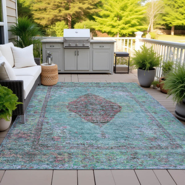 HomeRoots 9' X 12' Aqua Medallion Area Rug - Durable, Washable, Indoor/Outdoor Design for High-Traffic Spaces 629339