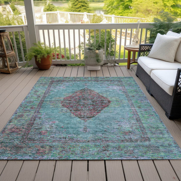 HomeRoots 9' X 12' Aqua Medallion Area Rug - Durable, Washable, Indoor/Outdoor Design for High-Traffic Spaces 629339