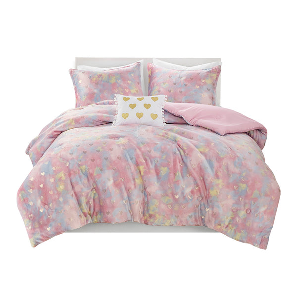 JLA Home Mi Zone - Metallic Plush Comforter Set with Shimmering Heart Print, Hypoallergenic Fill, OEKO-TEX Certified Washable Pink Multi/Gold MZ10-0654