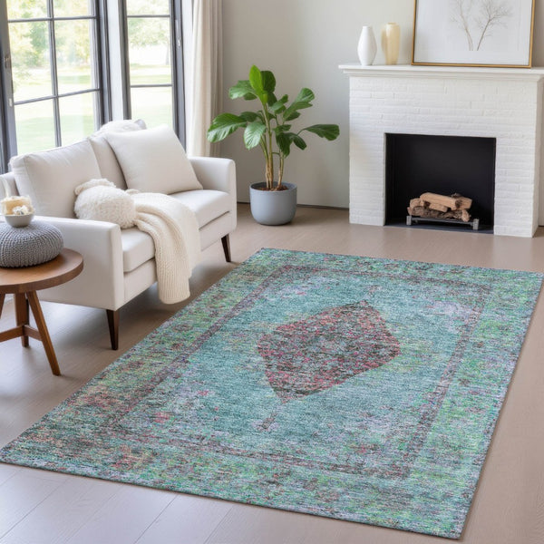 HomeRoots 10' Vibrant Aqua and Mauve Medallion Washable Area Rug - Durable Indoor/Outdoor Solution for Any Space 629340