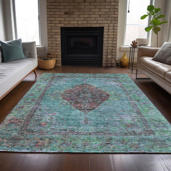 HomeRoots 10' Vibrant Aqua and Mauve Medallion Washable Area Rug - Durable Indoor/Outdoor Solution for Any Space 629340
