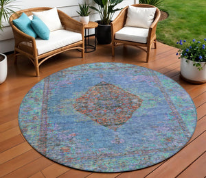 HomeRoots 8' Round Medallion Area Rug in Blue and Rust – Durable, Washable, Stylish for Indoor & Outdoor Use 629343