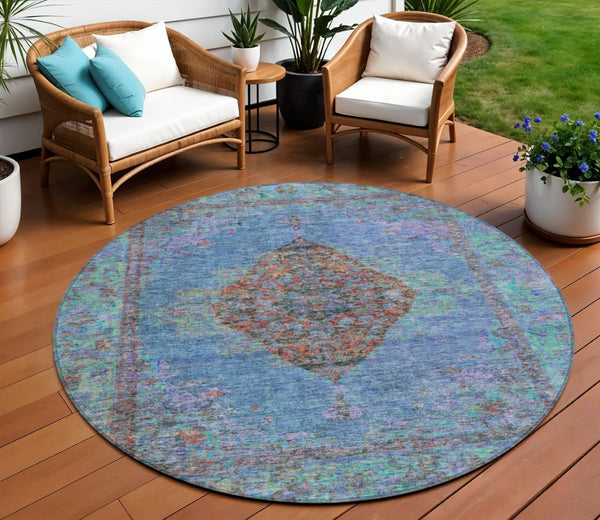 HomeRoots 8' Round Medallion Area Rug in Blue and Rust – Durable, Washable, Stylish for Indoor & Outdoor Use 629343