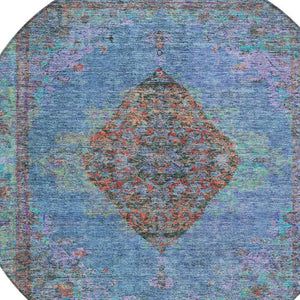 HomeRoots 8' Round Medallion Area Rug in Blue and Rust – Durable, Washable, Stylish for Indoor & Outdoor Use 629343