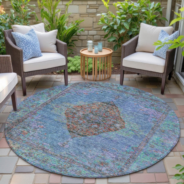 HomeRoots 8' Round Medallion Area Rug in Blue and Rust – Durable, Washable, Stylish for Indoor & Outdoor Use 629343