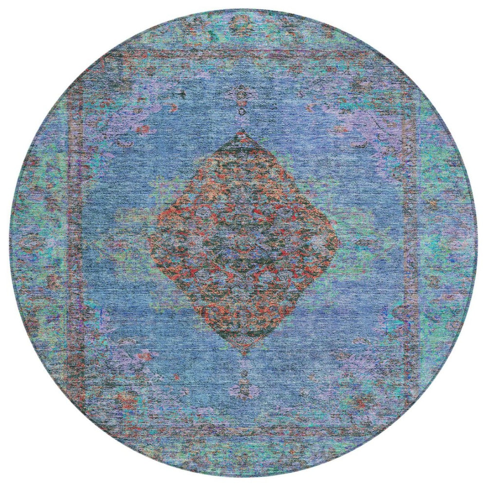 HomeRoots 8' Round Medallion Area Rug in Blue and Rust – Durable, Washable, Stylish for Indoor & Outdoor Use 629343