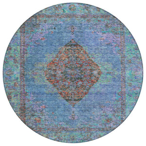 HomeRoots 8' Round Medallion Area Rug in Blue and Rust – Durable, Washable, Stylish for Indoor & Outdoor Use 629343