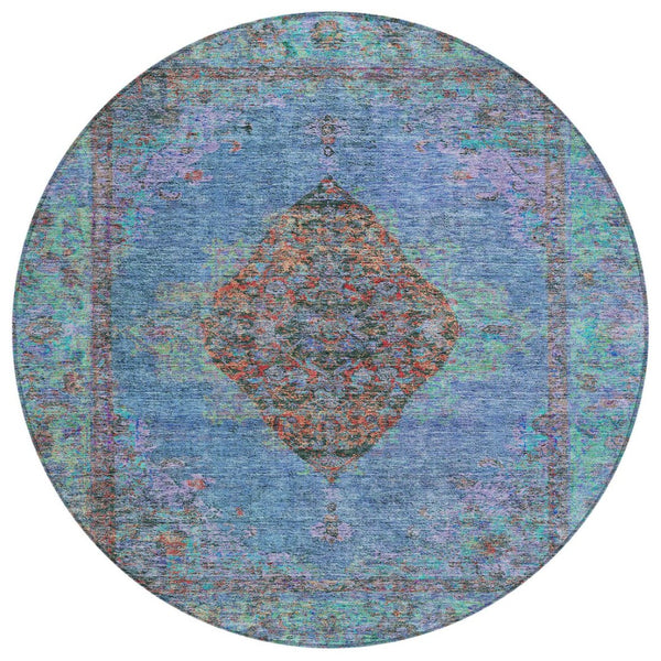 HomeRoots 8' Round Medallion Area Rug in Blue and Rust – Durable, Washable, Stylish for Indoor & Outdoor Use 629343