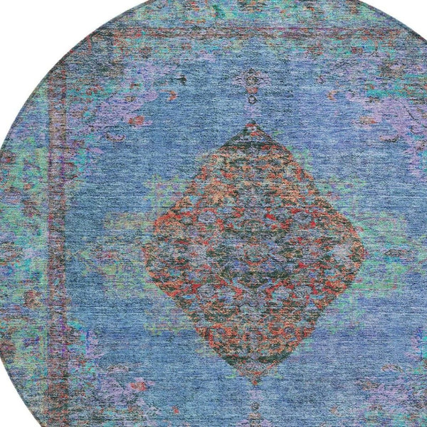 HomeRoots 8' Round Medallion Area Rug in Blue and Rust – Durable, Washable, Stylish for Indoor & Outdoor Use 629343