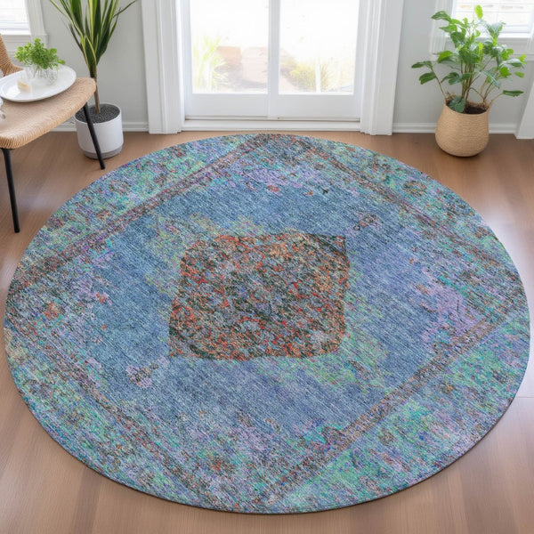 HomeRoots 8' Round Medallion Area Rug in Blue and Rust – Durable, Washable, Stylish for Indoor & Outdoor Use 629343