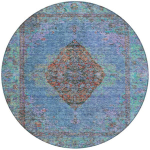 HomeRoots 8' Round Medallion Area Rug in Blue and Rust – Durable, Washable, Stylish for Indoor & Outdoor Use 629343