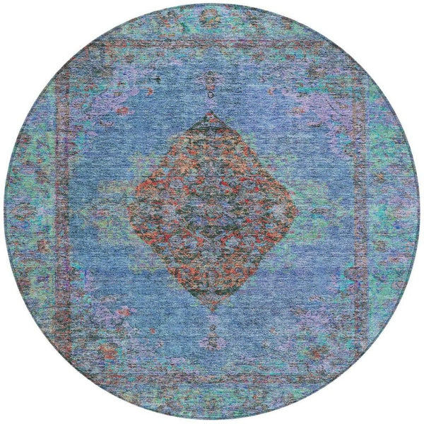 HomeRoots 8' Round Medallion Area Rug in Blue and Rust – Durable, Washable, Stylish for Indoor & Outdoor Use 629343