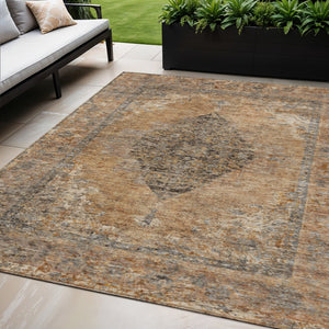 HomeRoots 5' Copper and Taupe Medallion Area Rug – Stylish, Washable Indoor/Outdoor Design for High Traffic Areas 629348
