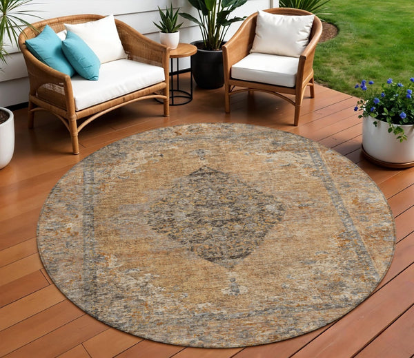 HomeRoots 8' Copper and Taupe Round Medallion Rug - Stylish, Washable Design for Indoor & Outdoor Spaces 629349