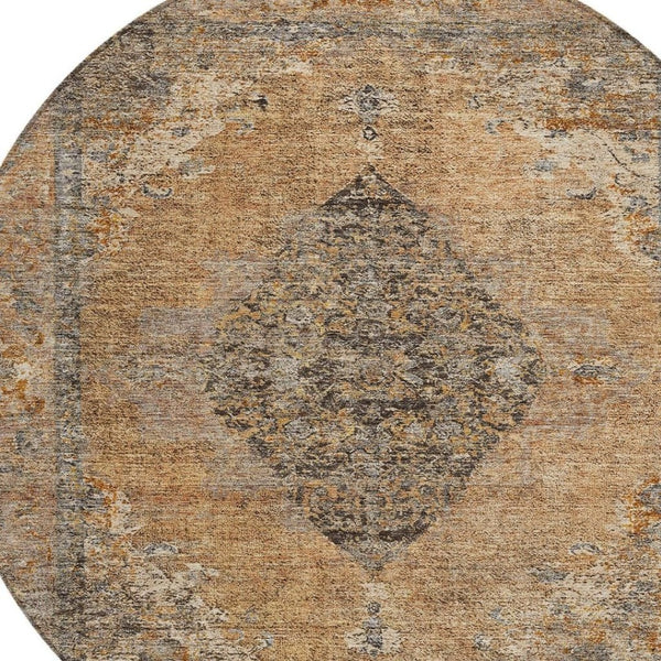 HomeRoots 8' Copper and Taupe Round Medallion Rug - Stylish, Washable Design for Indoor & Outdoor Spaces 629349