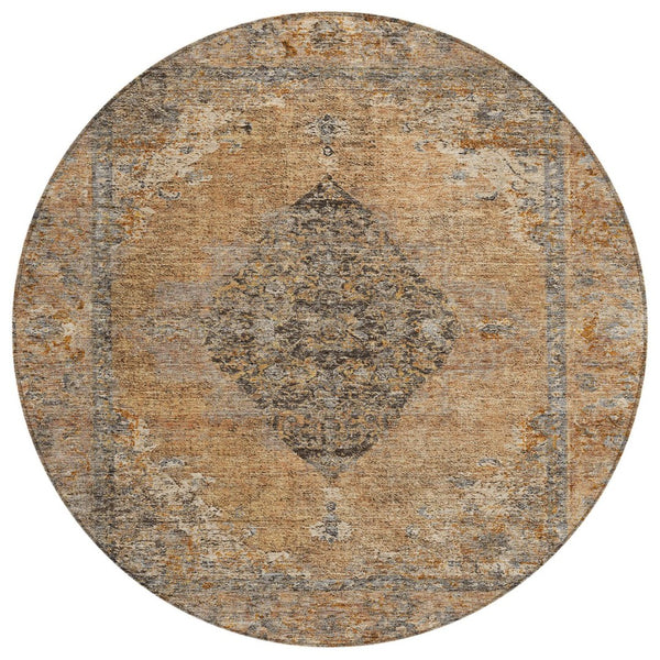 HomeRoots 8' Copper and Taupe Round Medallion Rug - Stylish, Washable Design for Indoor & Outdoor Spaces 629349