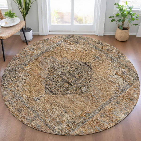 HomeRoots 8' Copper and Taupe Round Medallion Rug - Stylish, Washable Design for Indoor & Outdoor Spaces 629349